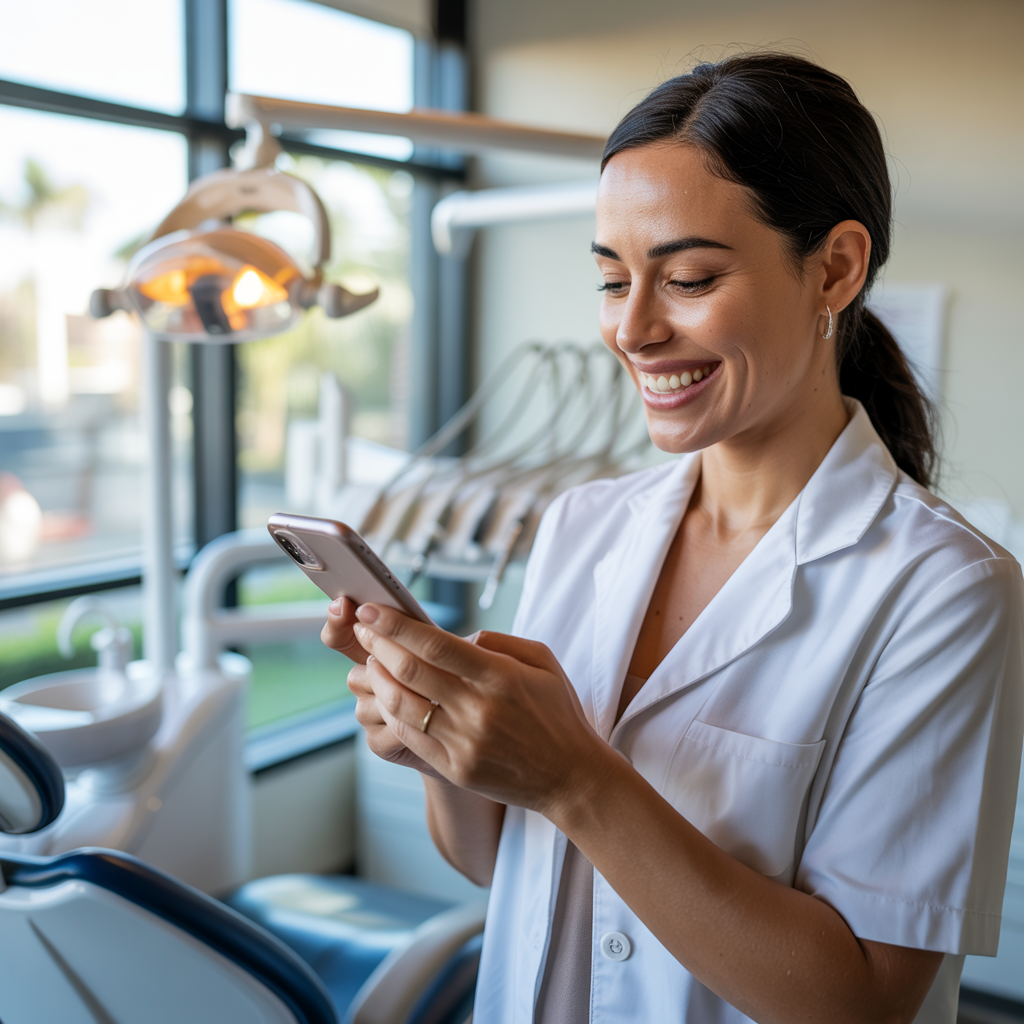 Dentista vendo o pagamento cair no celular